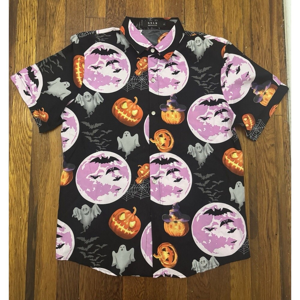 Halloween Ghost, Pumpkins, and Bats SSRL Men’s Shirt Size S